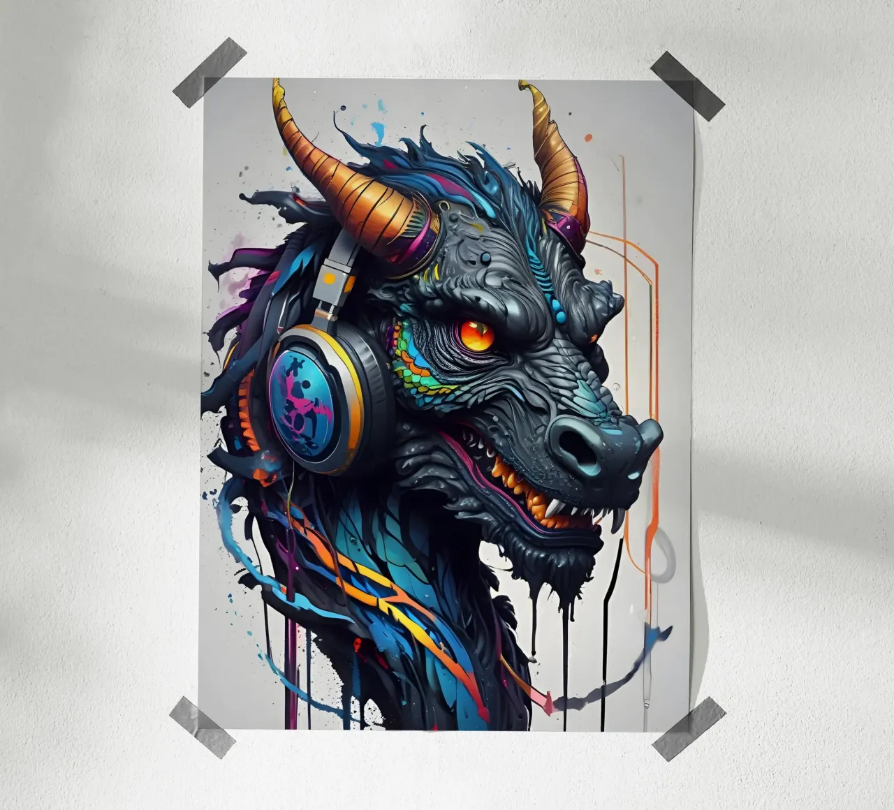 Drago nero in cuffia carta hahnemühle da MakArena