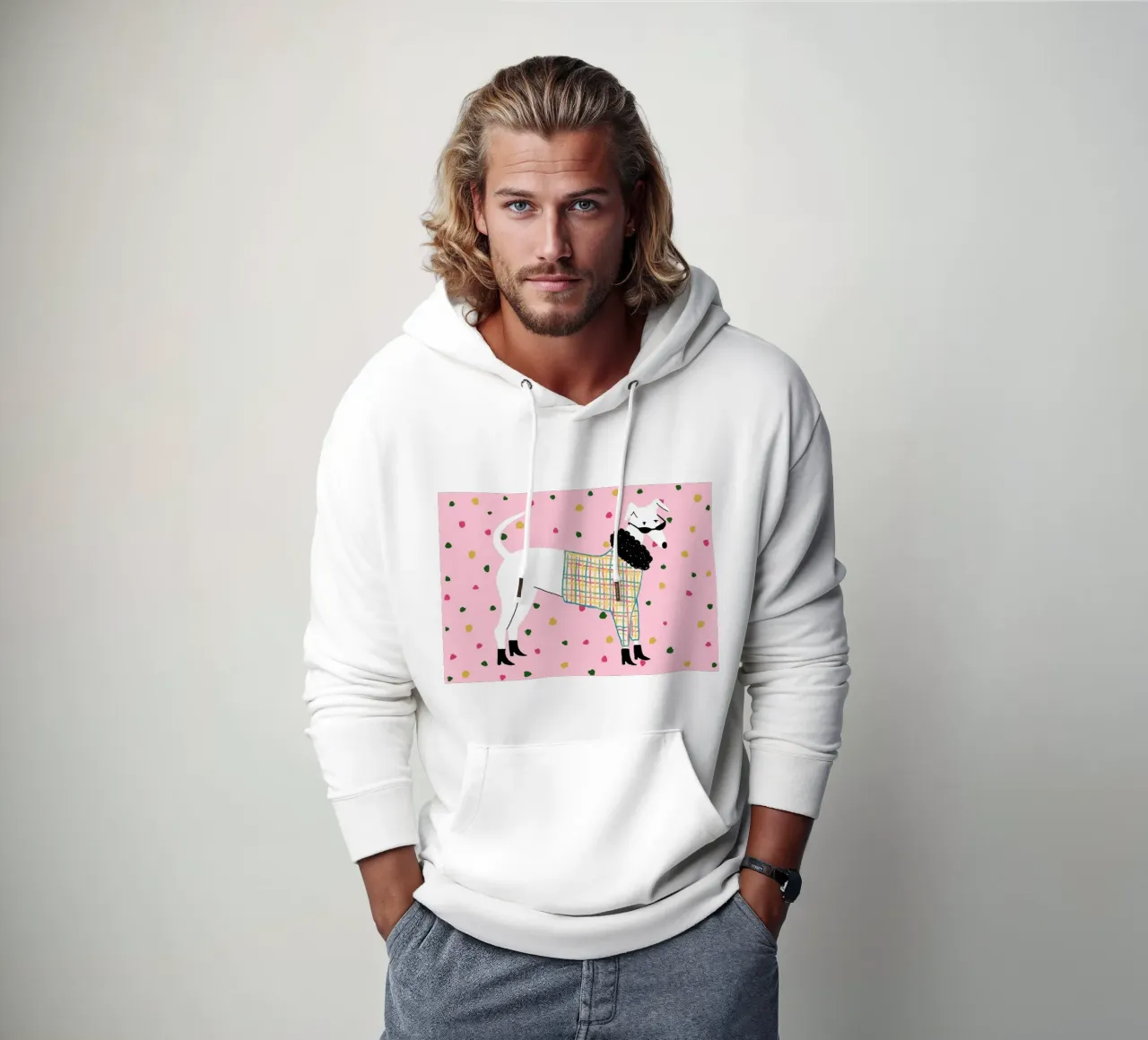 Illustrazione di cane alla moda con abito a quadri felpa con cappuccio da Tory