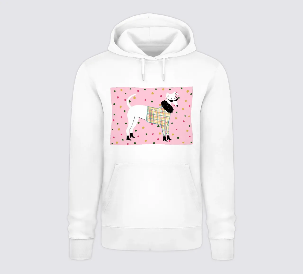 Illustrazione di cane alla moda con abito a quadri felpa con cappuccio da Tory