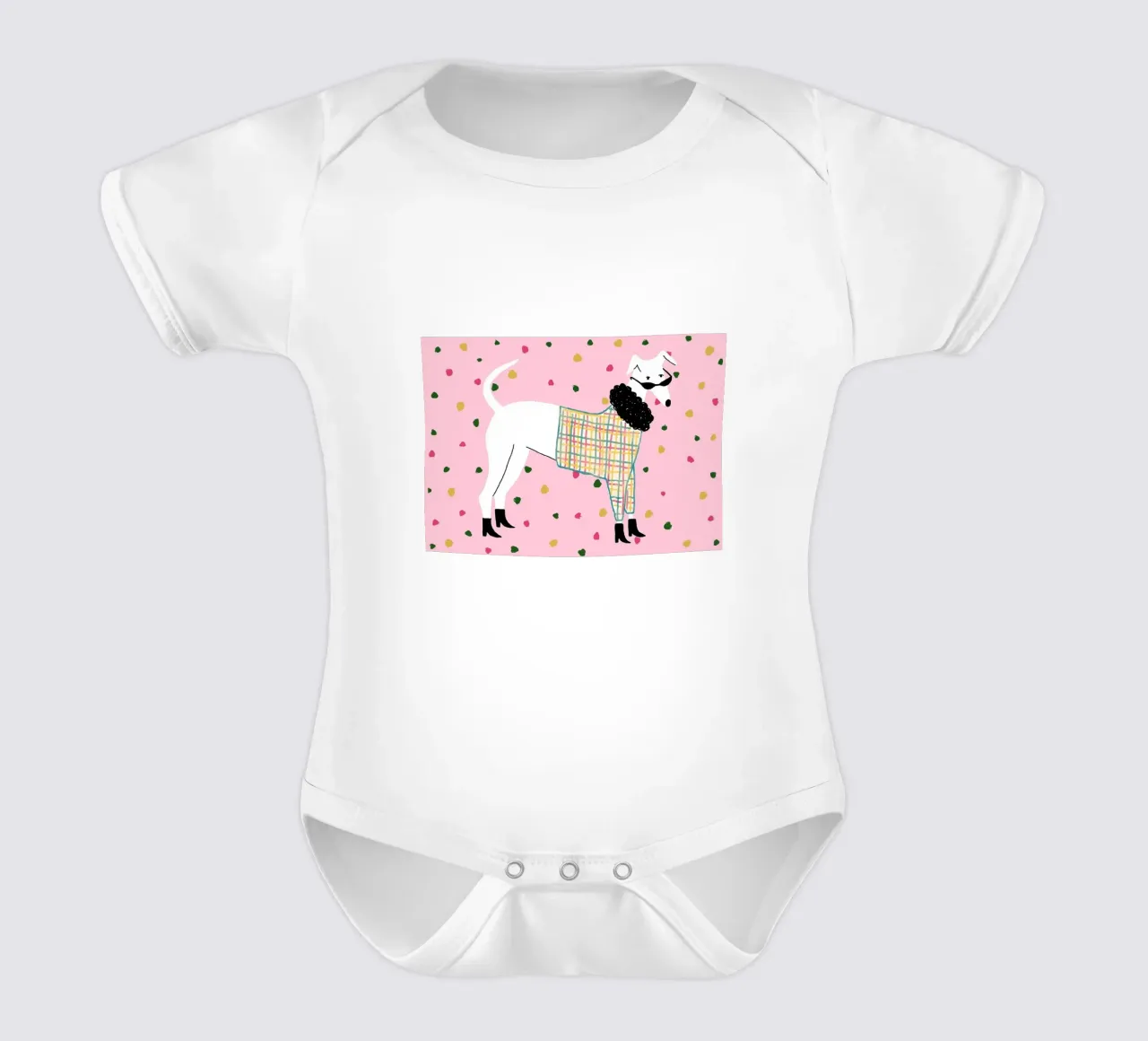 Illustrazione di cane alla moda con abito a quadri body neonato maniche corte da Tory