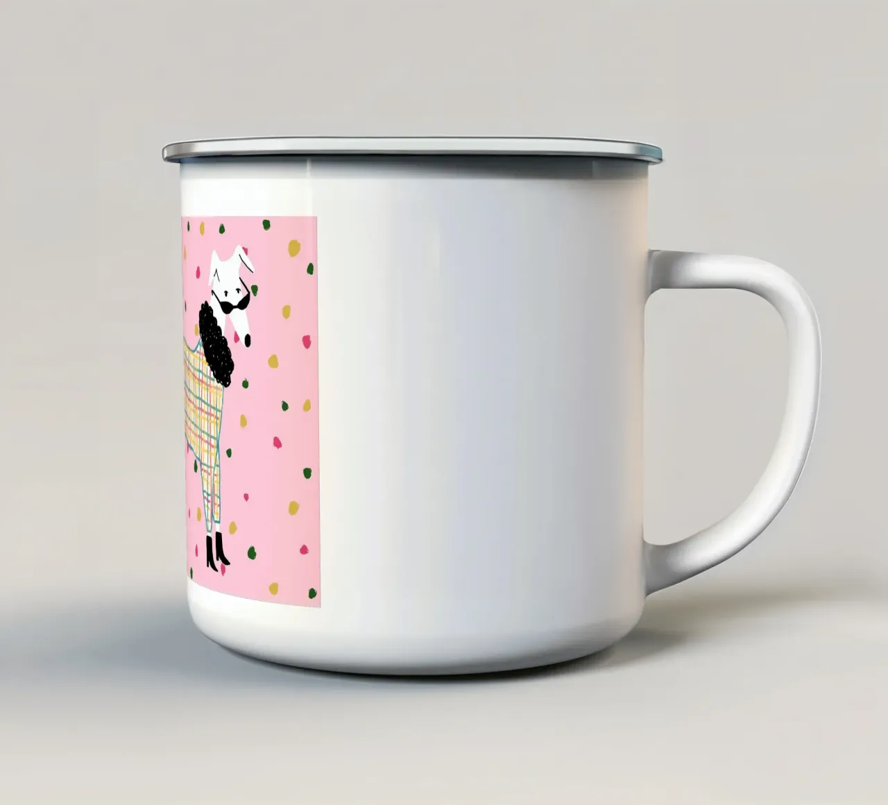 Illustrazione di cane alla moda con abito a quadri tazza in smalto da Tory