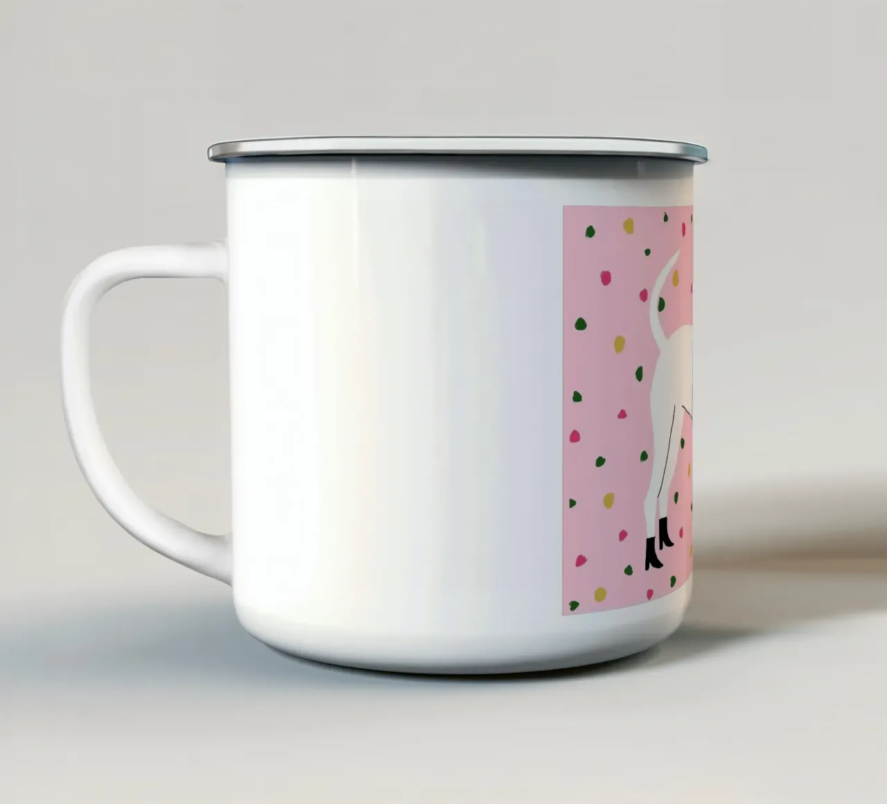 Illustrazione di cane alla moda con abito a quadri tazza in smalto da Tory