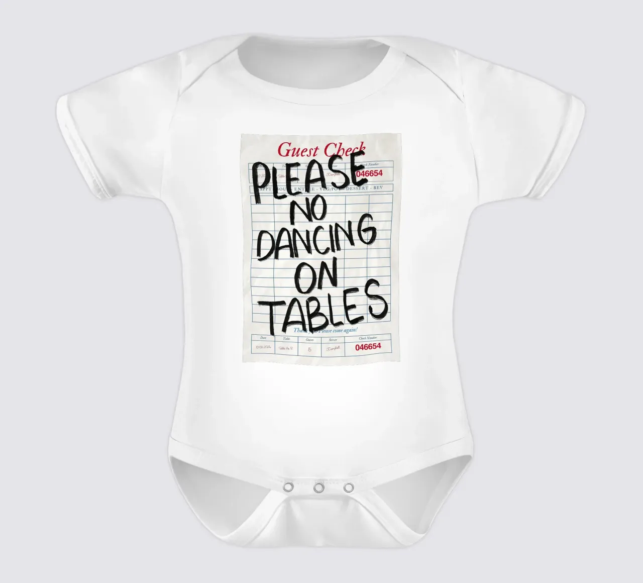 No Dancing on Tables Guest Check short-sleeve baby romper by Tory
