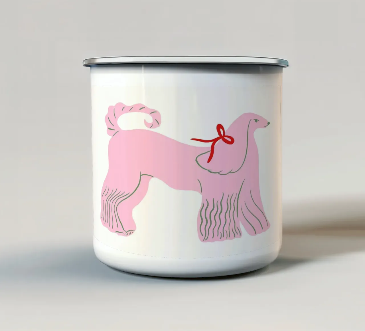 Mastino afgano rosa con fiocco rosso tazza in smalto da Tory