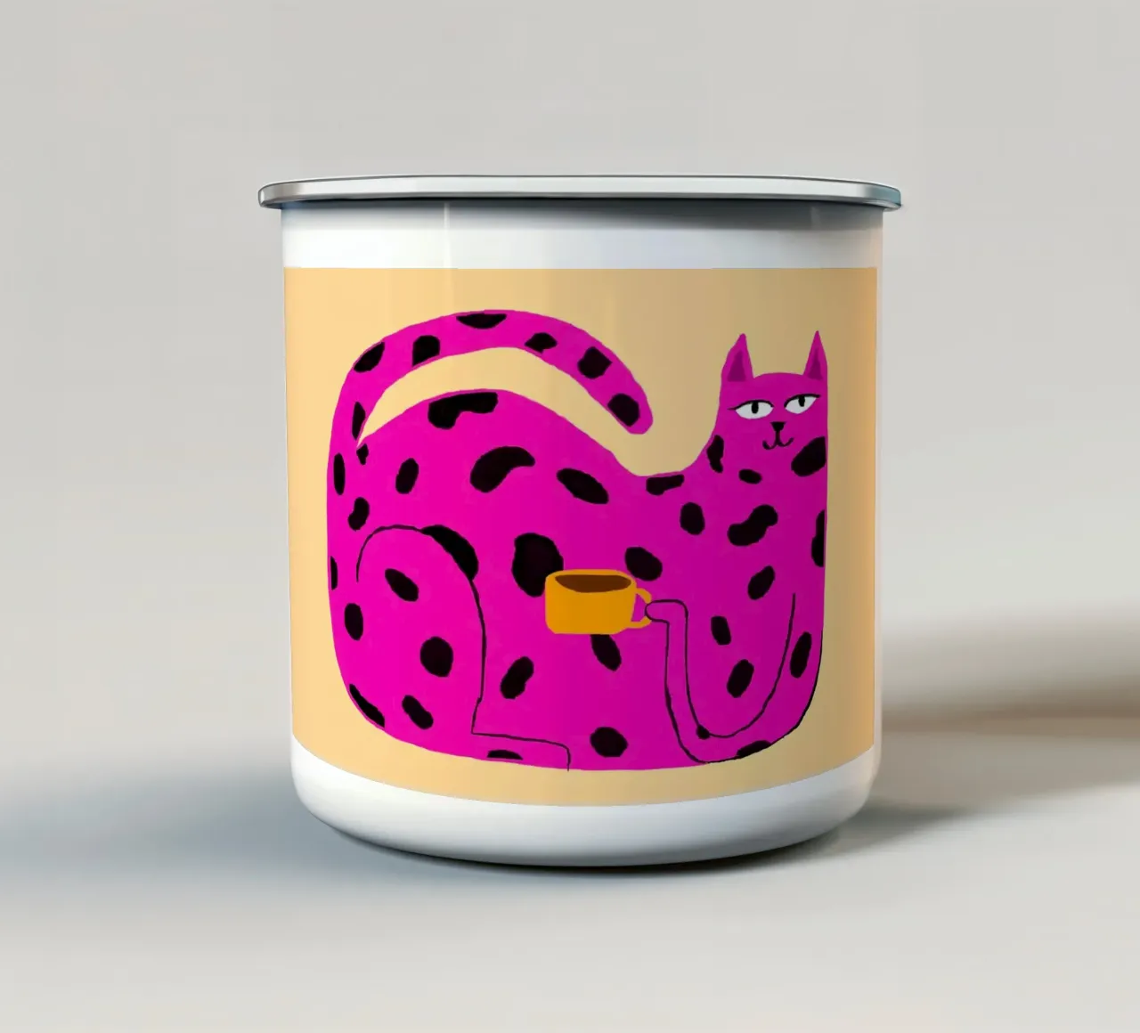 Gatto maculato rosa con caffè tazza in smalto da Tory