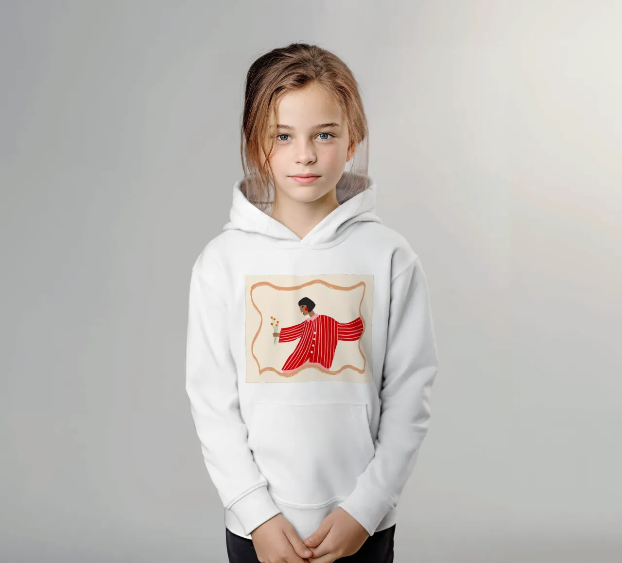 Donna con camicia a righe e fiori felpa bambino con cappuccio da Tory