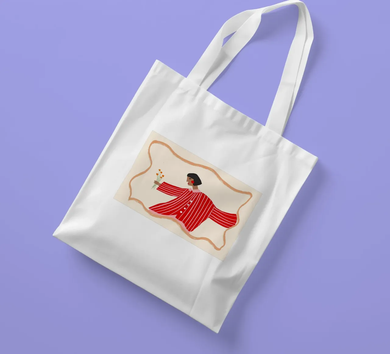 Donna con camicia a righe e fiori borsa in juta da Tory