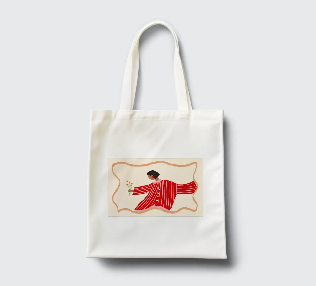 Donna con camicia a righe e fiori borsa in juta da Tory