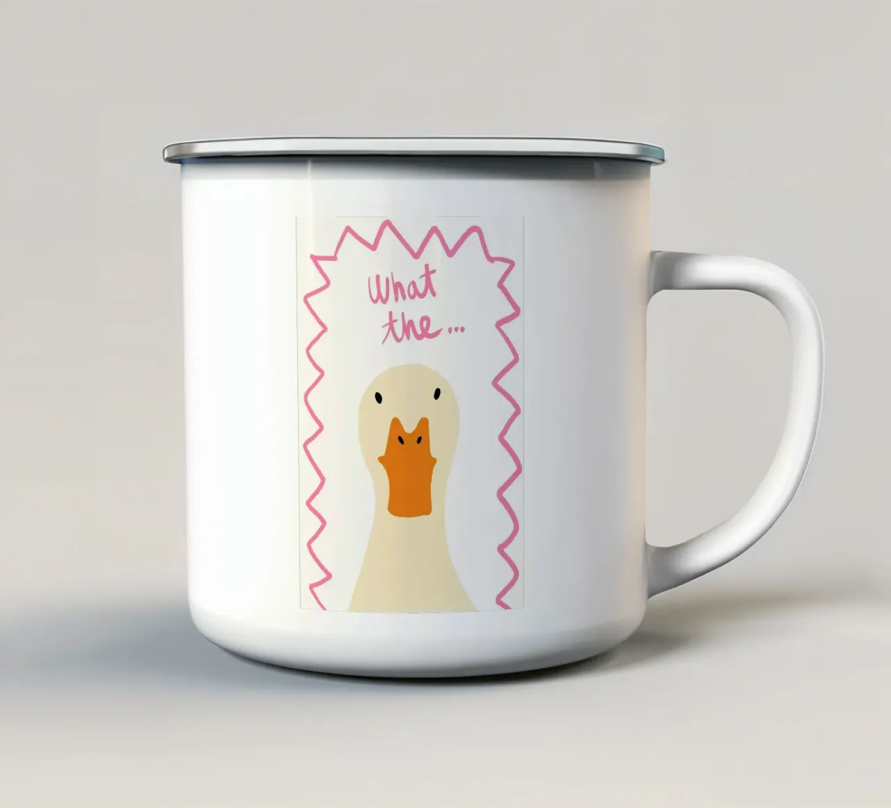 Illustrazione di anatra sorpresa con testo tazza in smalto da Tory