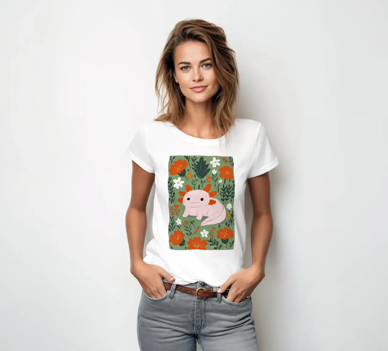 Axolotl in un giardino fiorito t-shirt da donna da Tory