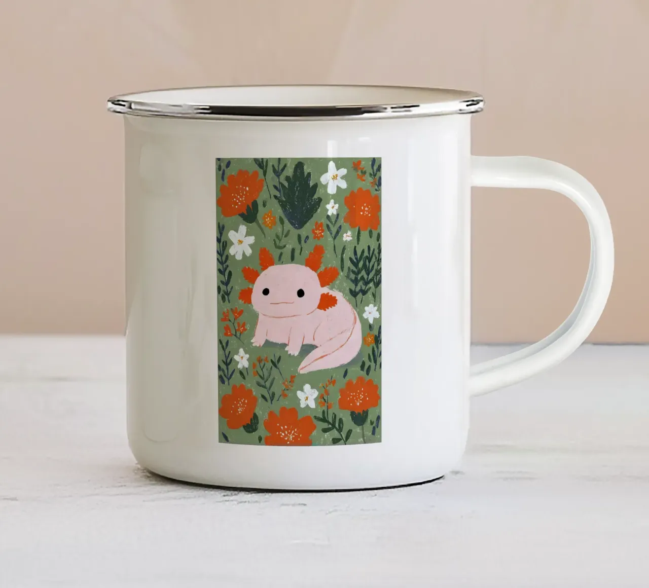 Axolotl in einem Blumengarten Emaille Tasse von Tory