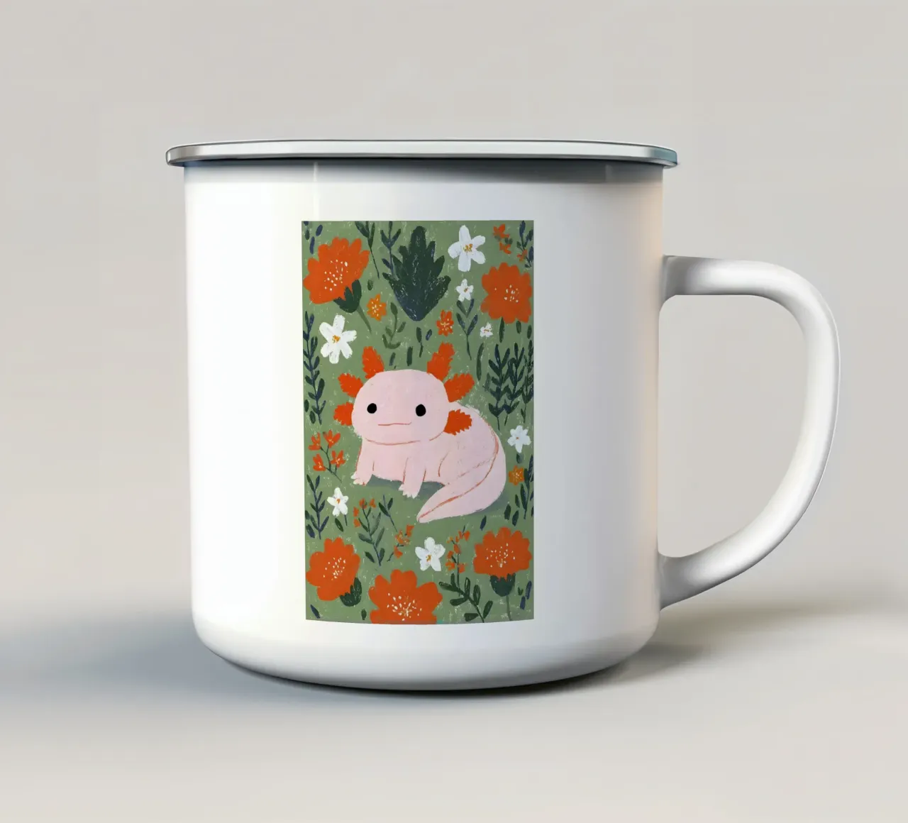 Axolotl in einem Blumengarten Emaille Tasse von Tory