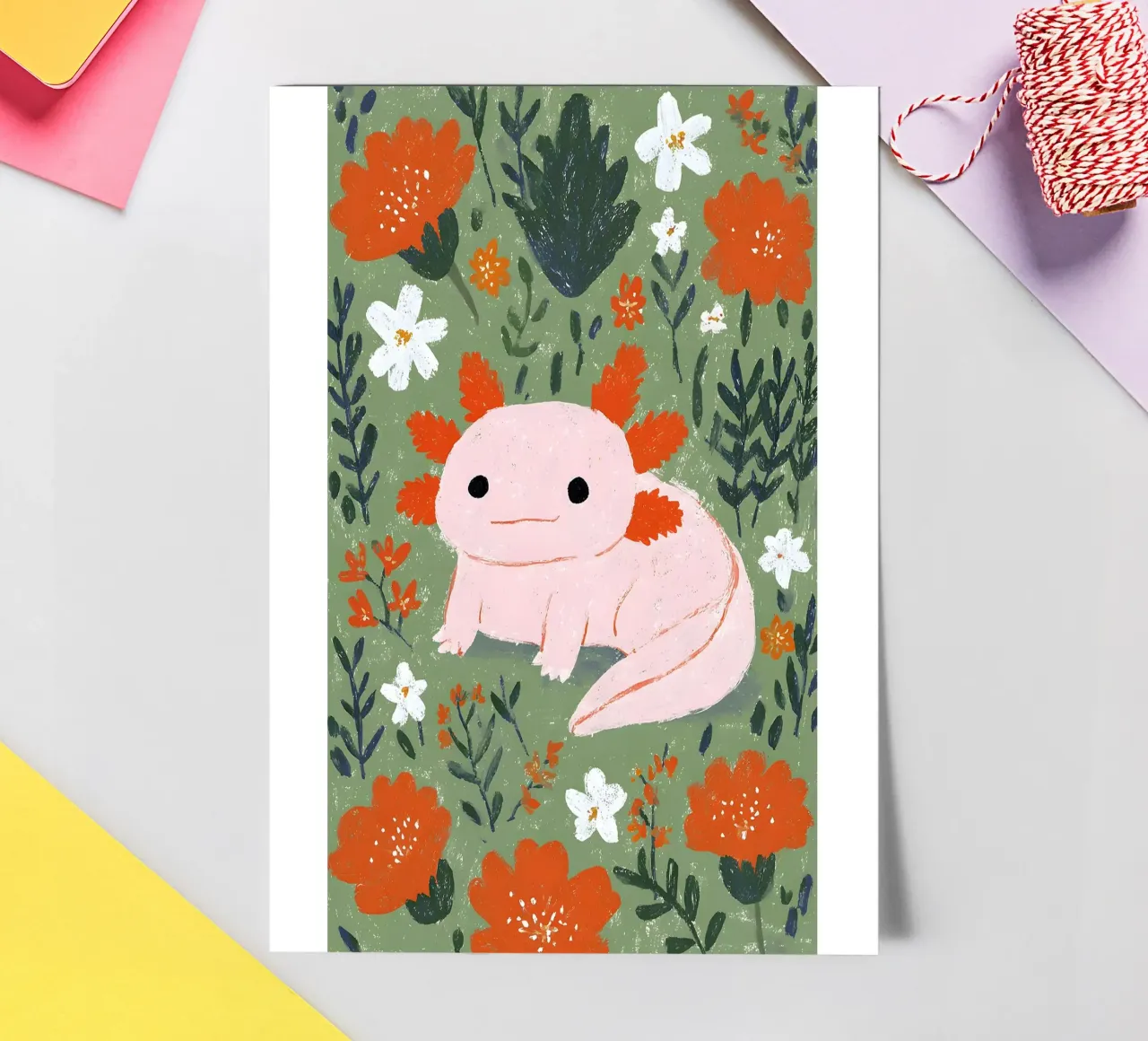 Axolotl in un giardino fiorito foglio adesivo da Tory