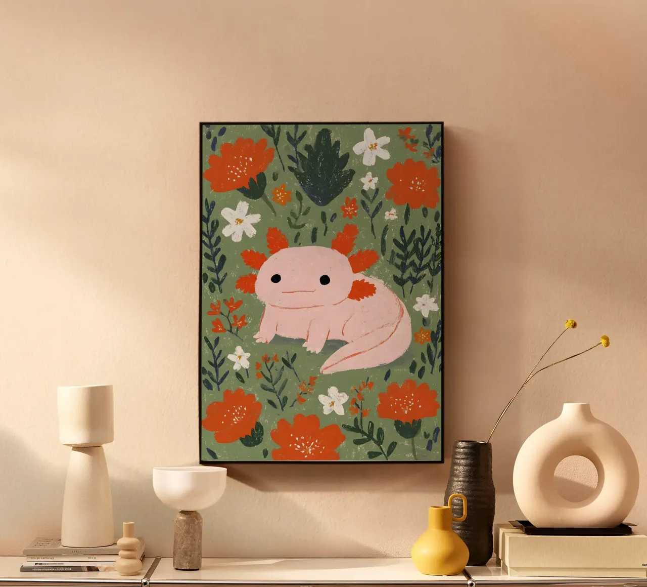 Axolotl in un giardino fiorito alluminio dibond da Tory