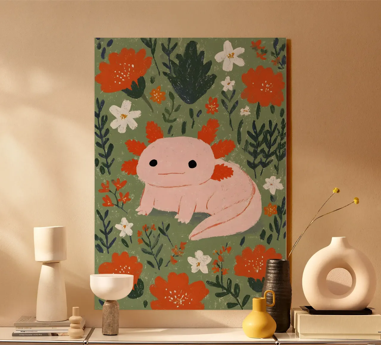 Axolotl in un giardino fiorito alluminio dibond da Tory
