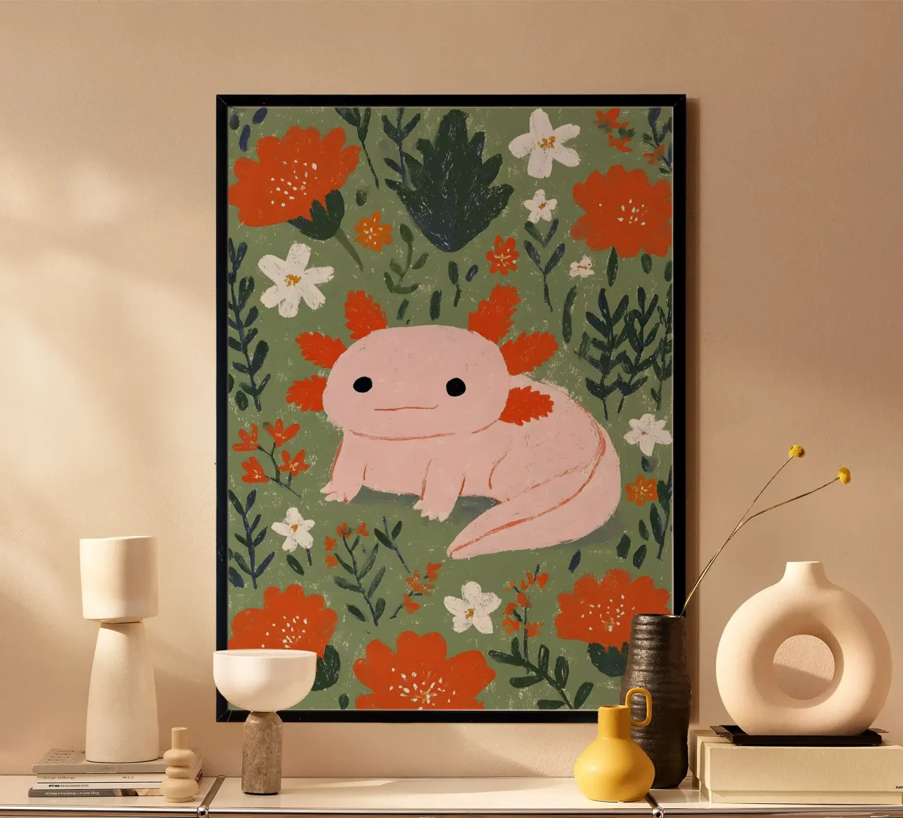 Axolotl in un giardino fiorito carta hahnemühle da Tory