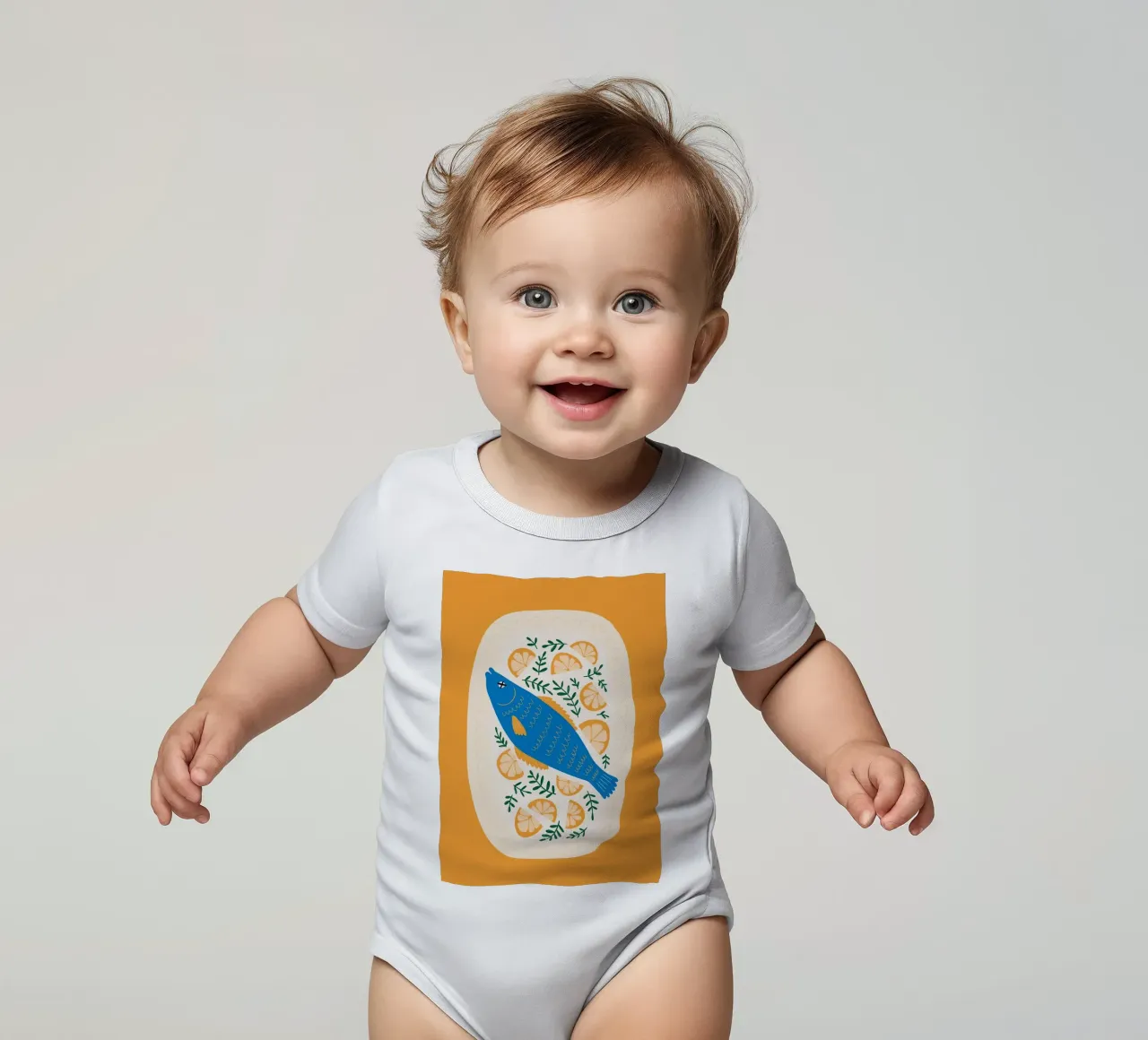 Blauer Fisch mit Zitrone Kurzarm Babybody von bazi