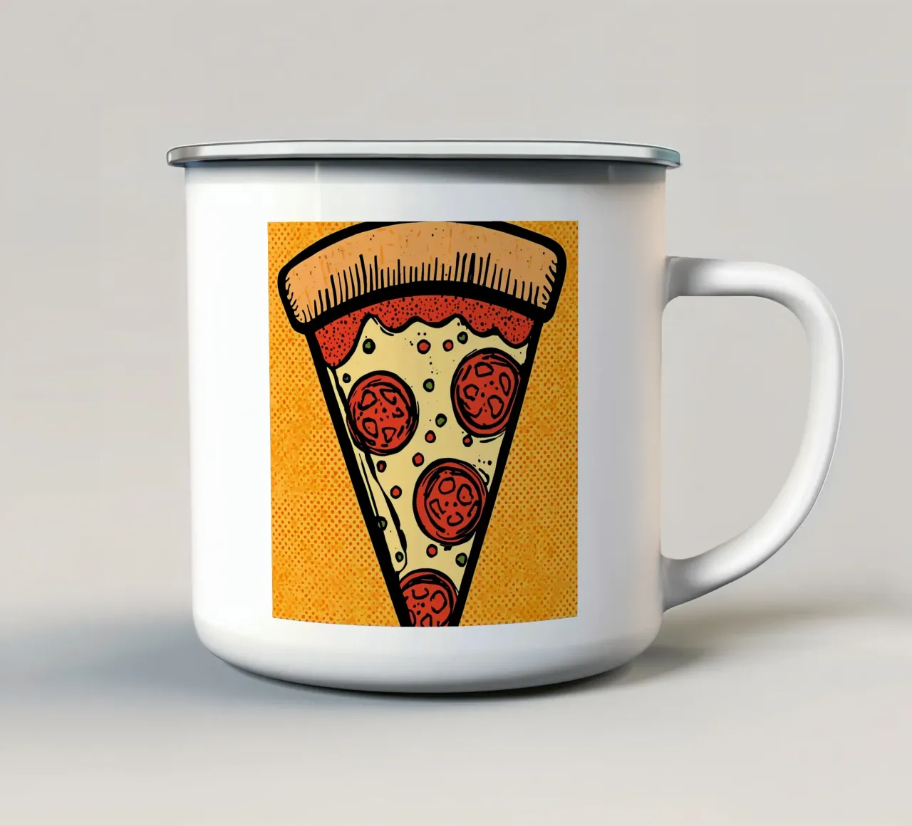 Pop-Art Fetta di pizza al salame su sfondo a pois tazza in smalto da DesignDoodle