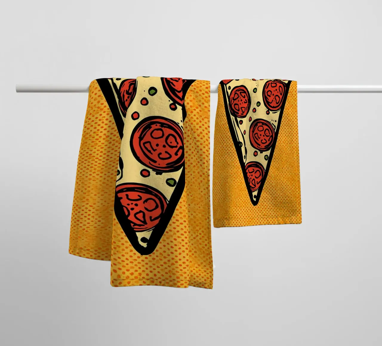 Pop-Art Pepperoni Pizza Slice on Polka Dot Background towel by DesignDoodle