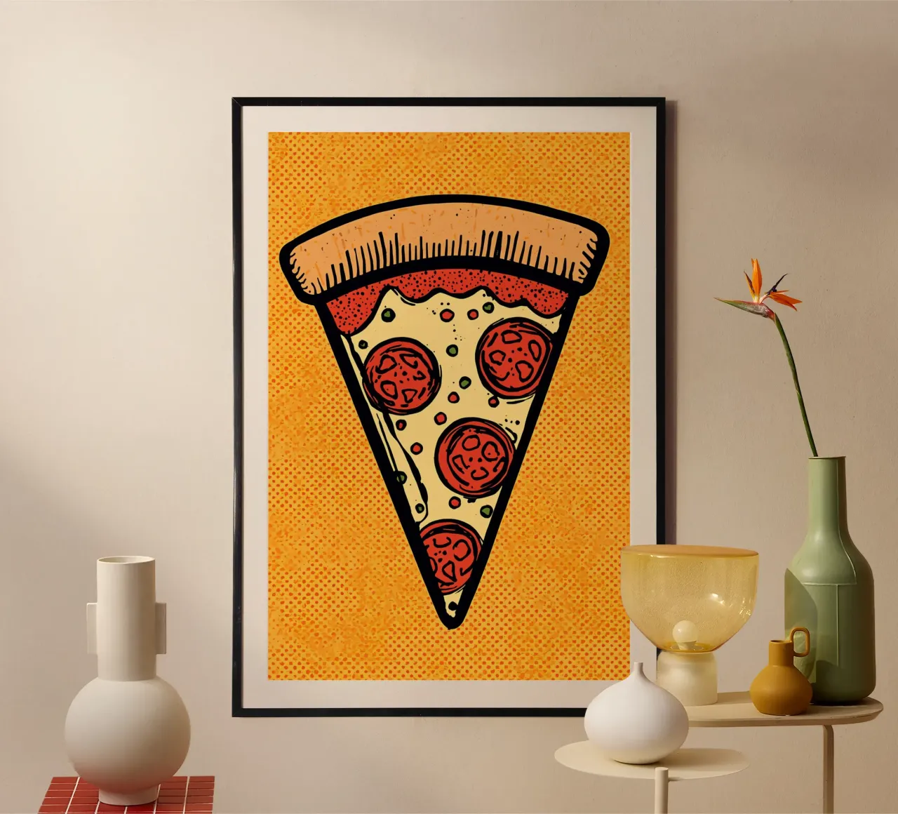 Pop-Art Fetta di pizza al salame su sfondo a pois carta hahnemühle da DesignDoodle