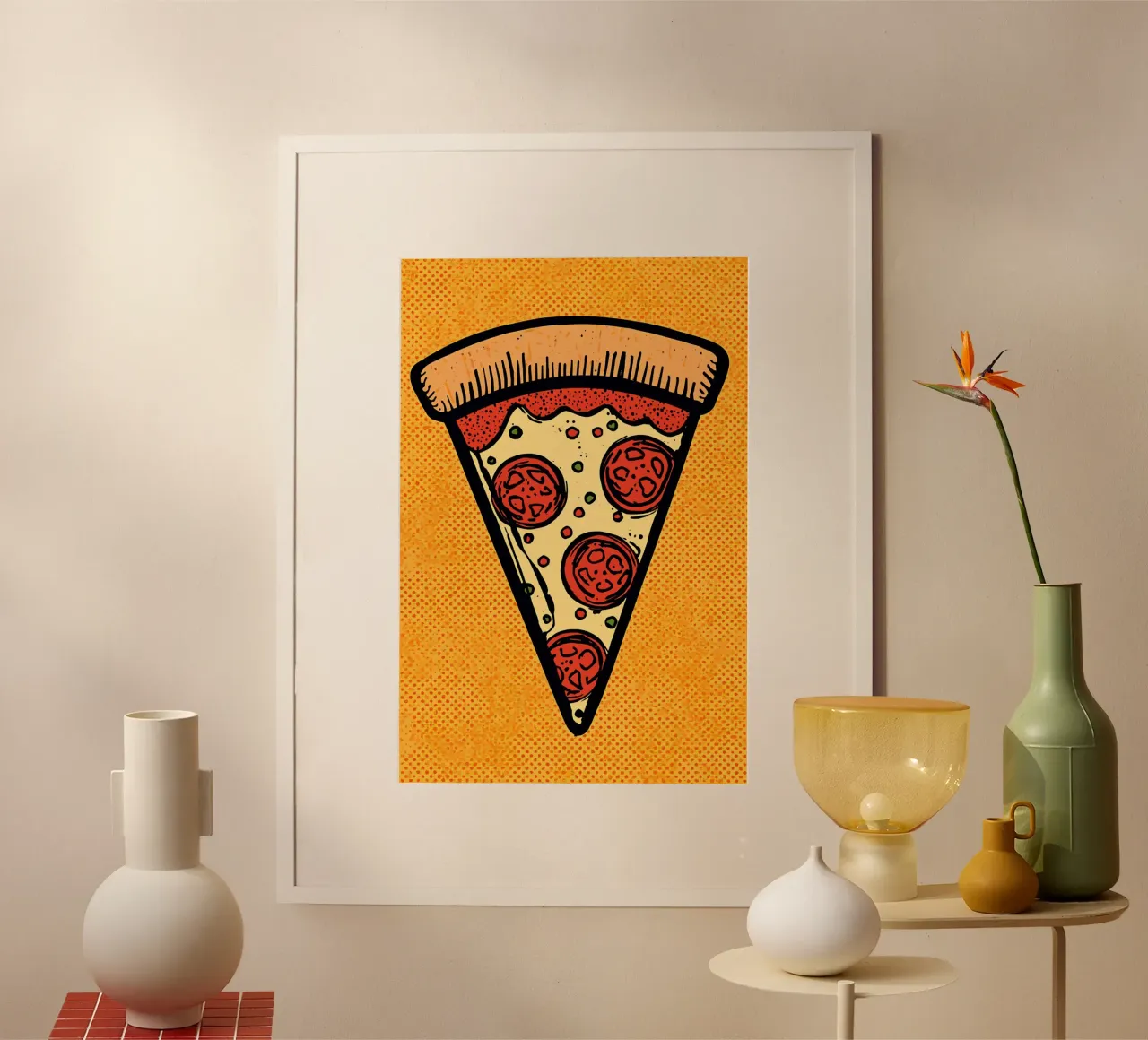 Pop-Art Fetta di pizza al salame su sfondo a pois carta hahnemühle da DesignDoodle