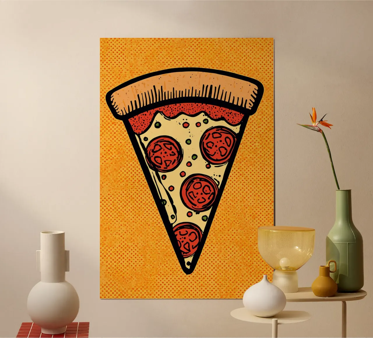 Pop-Art Fetta di pizza al salame su sfondo a pois carta hahnemühle da DesignDoodle