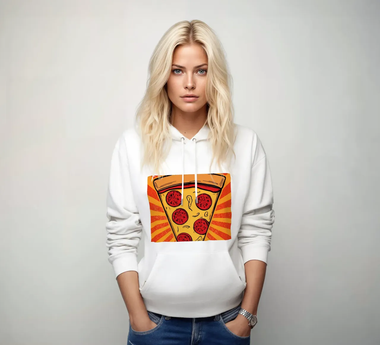 Fetta di pizza al salame con sfondo a raggi di sole felpa con cappuccio da DesignDoodle