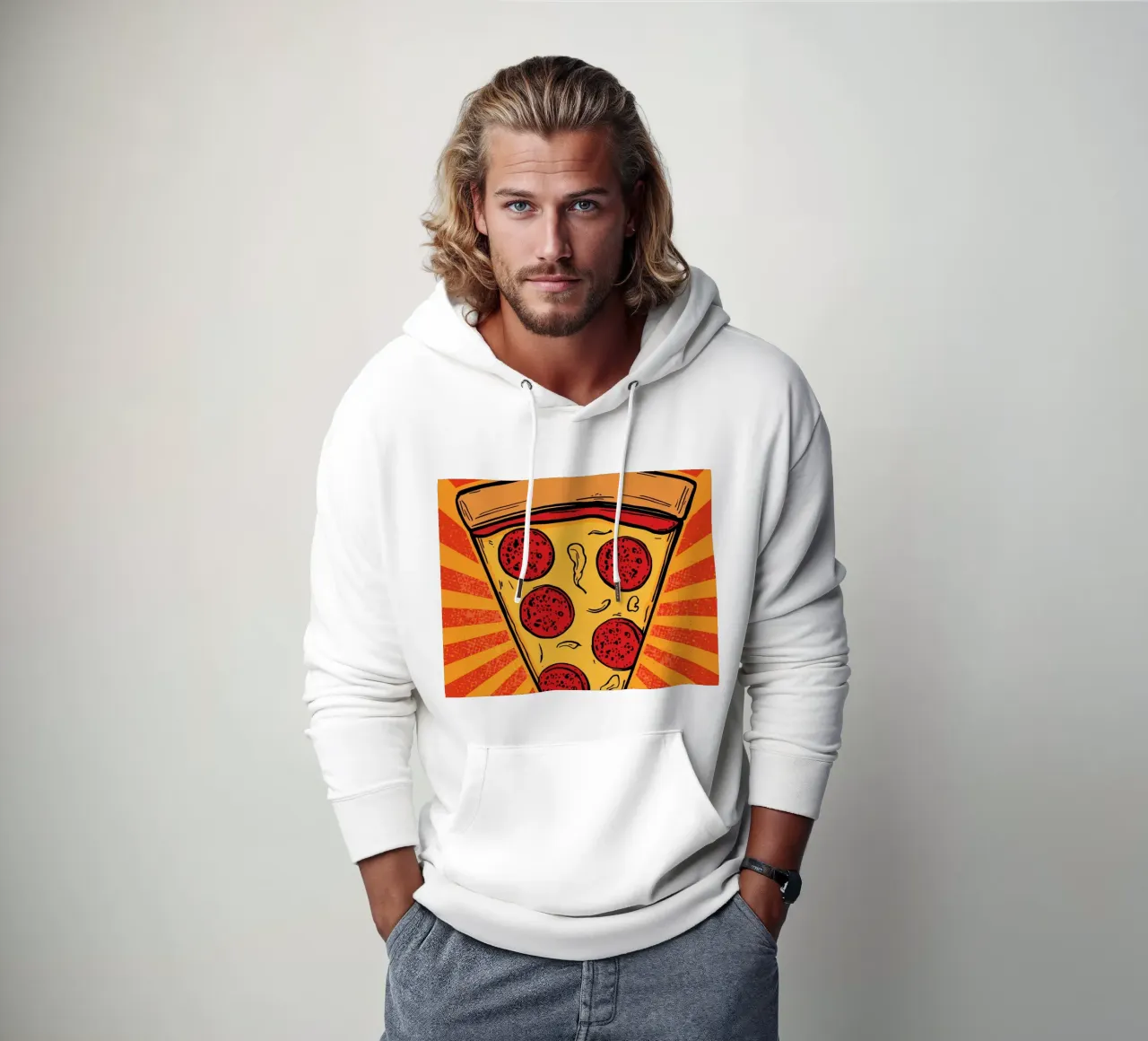 Fetta di pizza al salame con sfondo a raggi di sole felpa con cappuccio da DesignDoodle