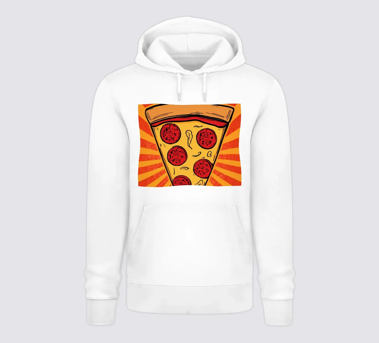 Fetta di pizza al salame con sfondo a raggi di sole felpa con cappuccio da DesignDoodle
