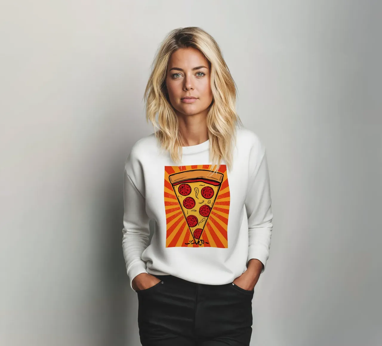 Fetta di pizza al salame con sfondo a raggi di sole felpa da DesignDoodle