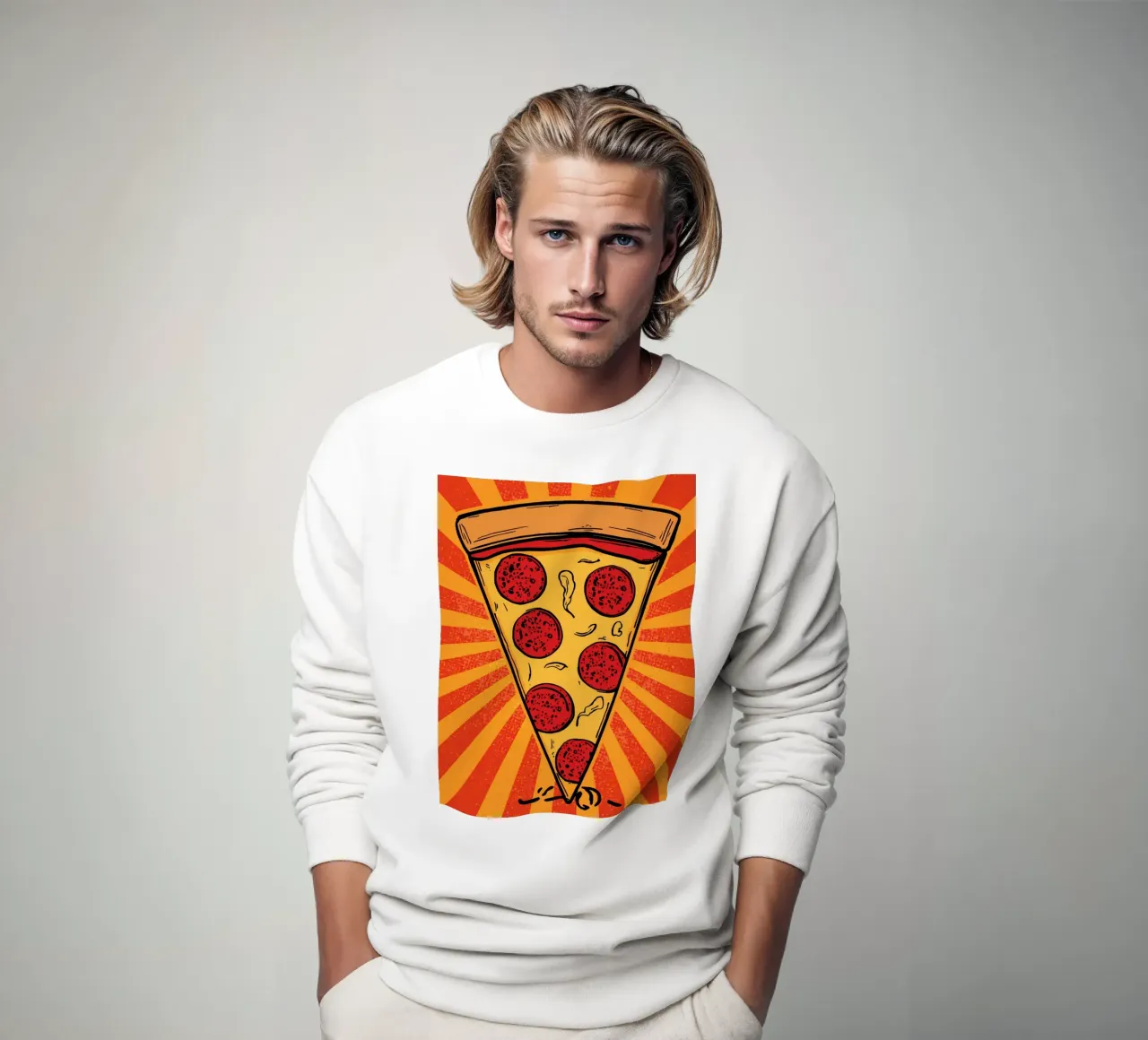 Fetta di pizza al salame con sfondo a raggi di sole felpa da DesignDoodle