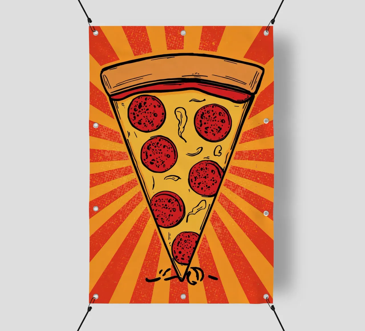 Fetta di pizza al salame con sfondo a raggi di sole telo in pvc da DesignDoodle