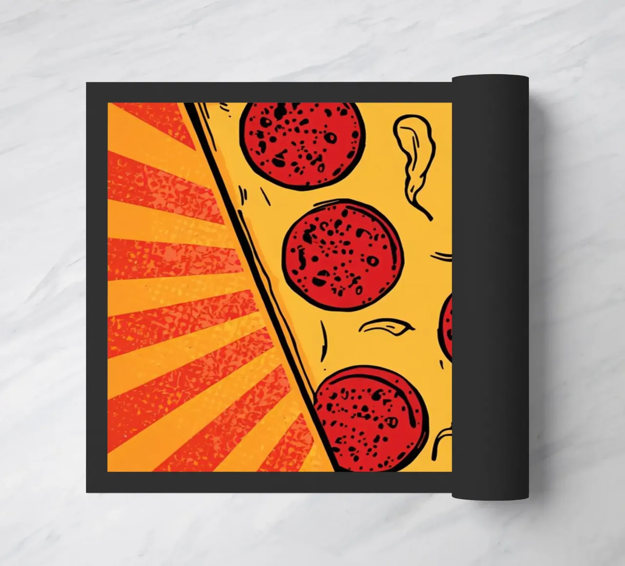 Fetta di pizza al salame con sfondo a raggi di sole zerbino da DesignDoodle