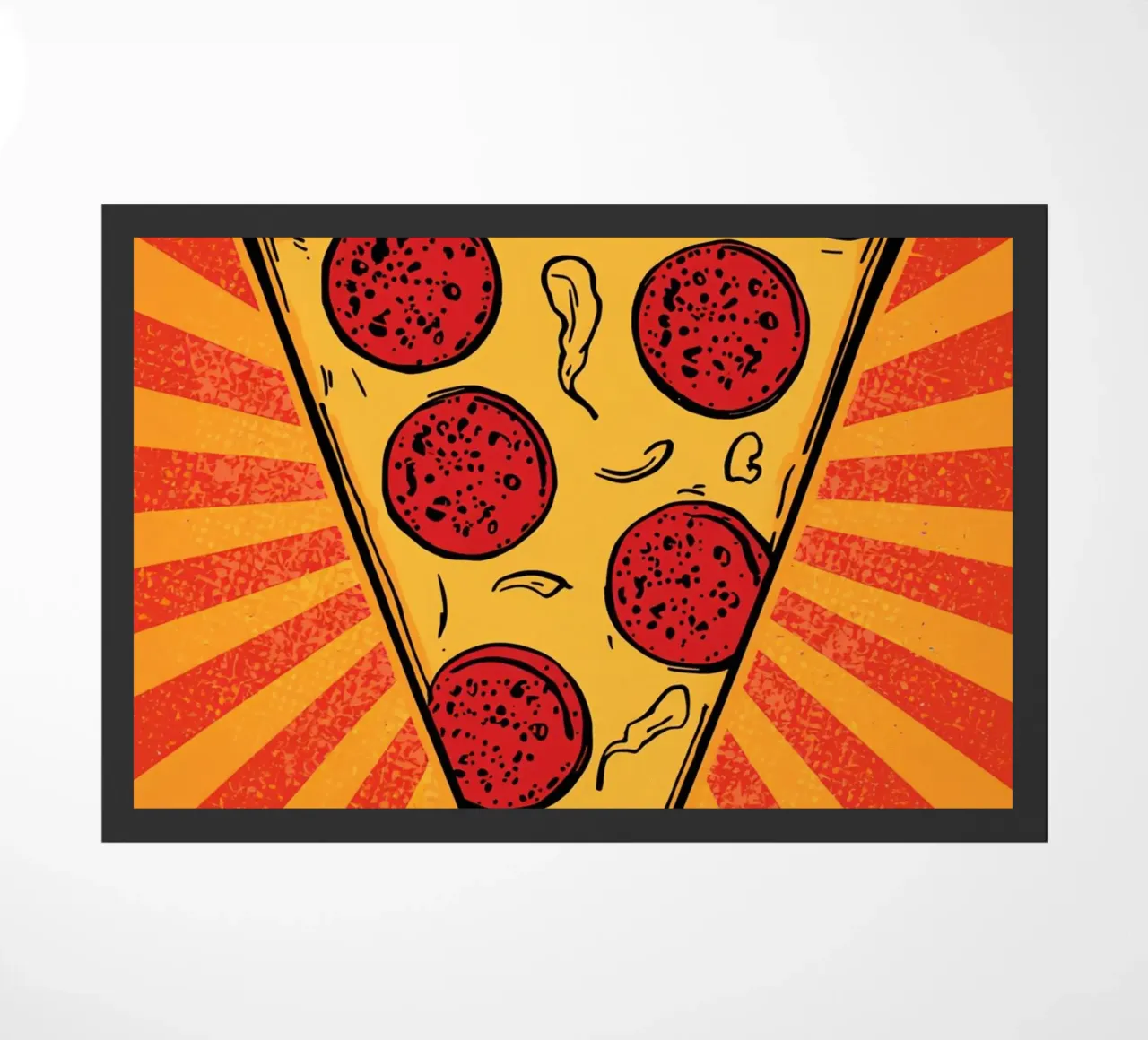 Fetta di pizza al salame con sfondo a raggi di sole zerbino da DesignDoodle