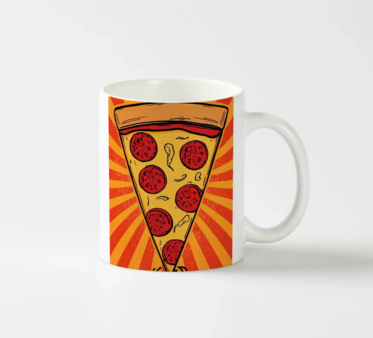 Fetta di pizza al salame con sfondo a raggi di sole tazza in ceramica da DesignDoodle