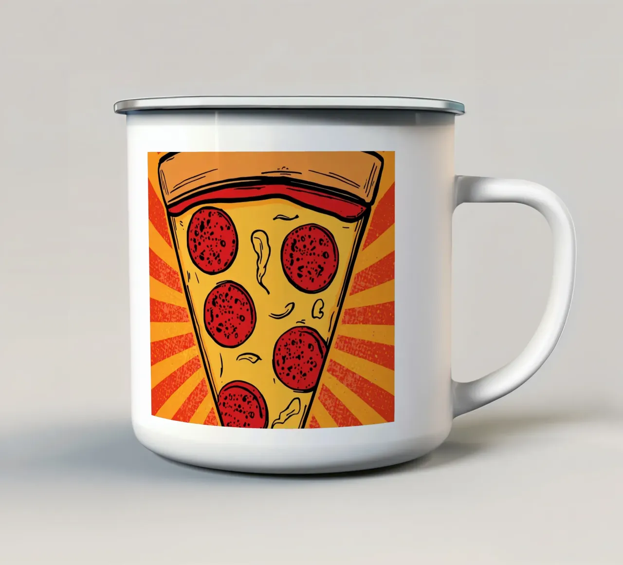 Fetta di pizza al salame con sfondo a raggi di sole tazza in smalto da DesignDoodle