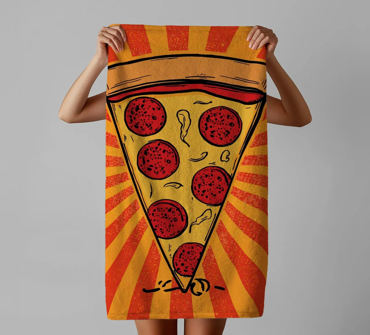 Pepperoni Pizza Slice with Sunburst Background towel by DesignDoodle