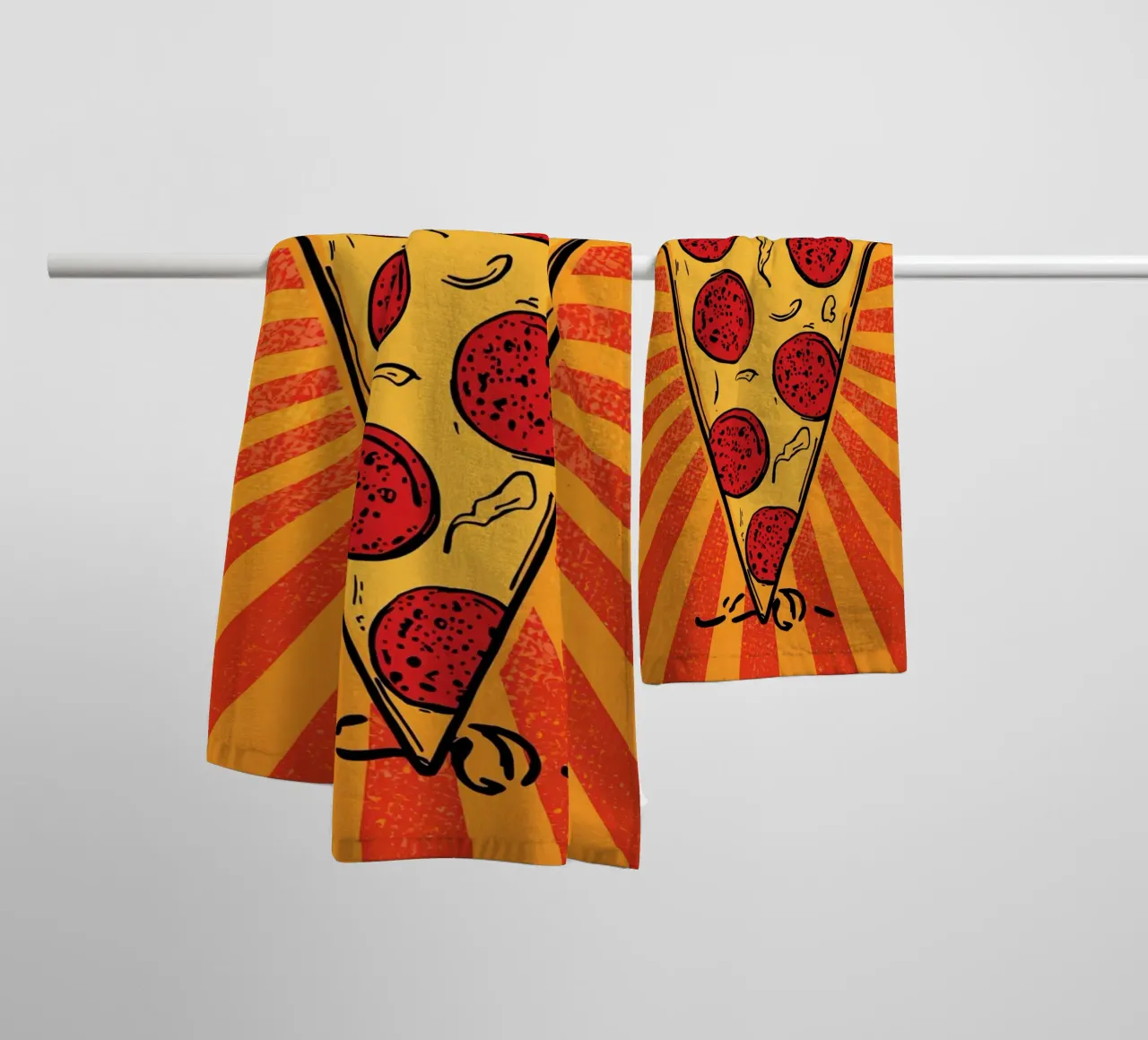 Pepperoni Pizza Slice with Sunburst Background towel by DesignDoodle