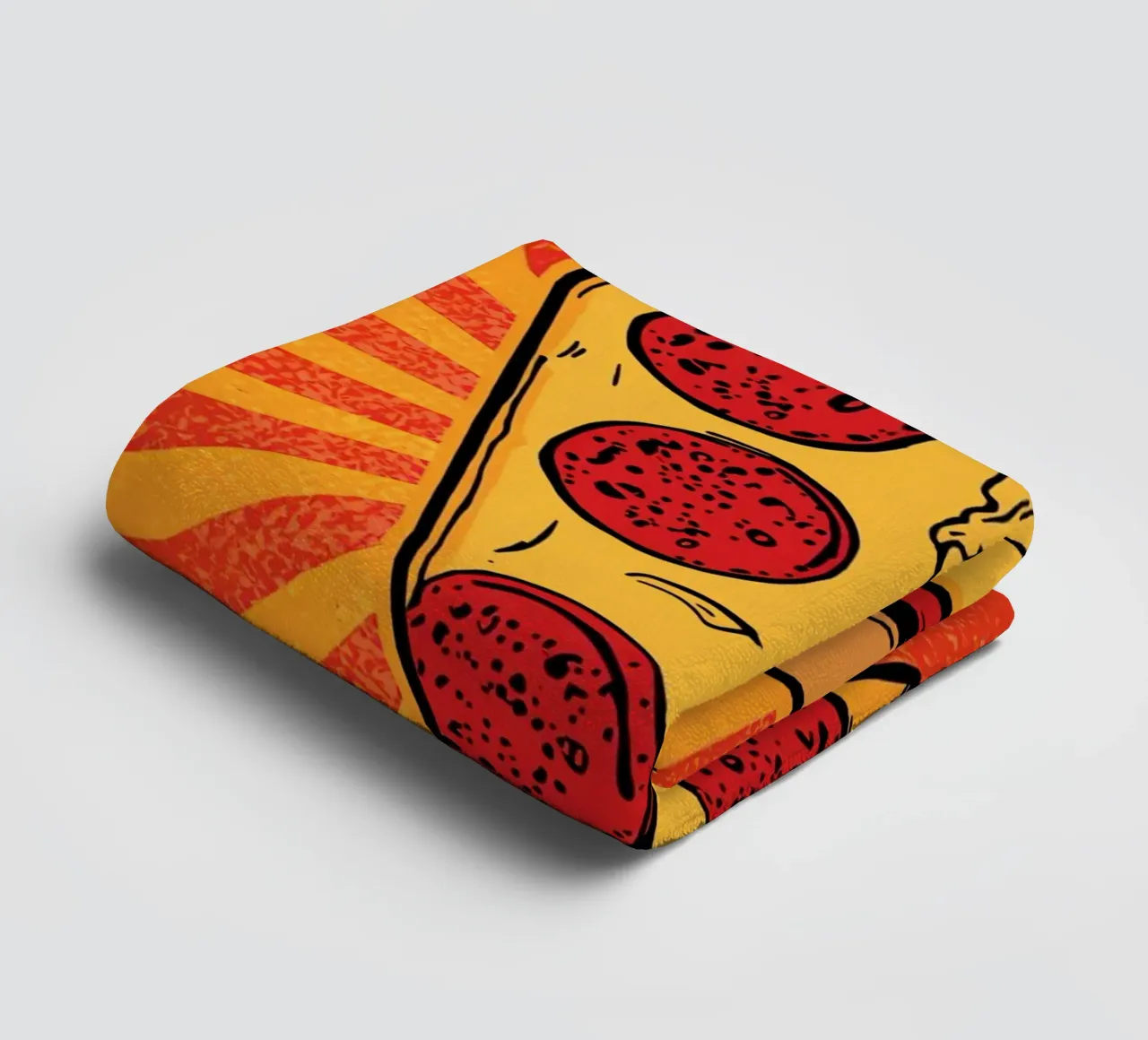 Pepperoni Pizza Slice with Sunburst Background towel by DesignDoodle