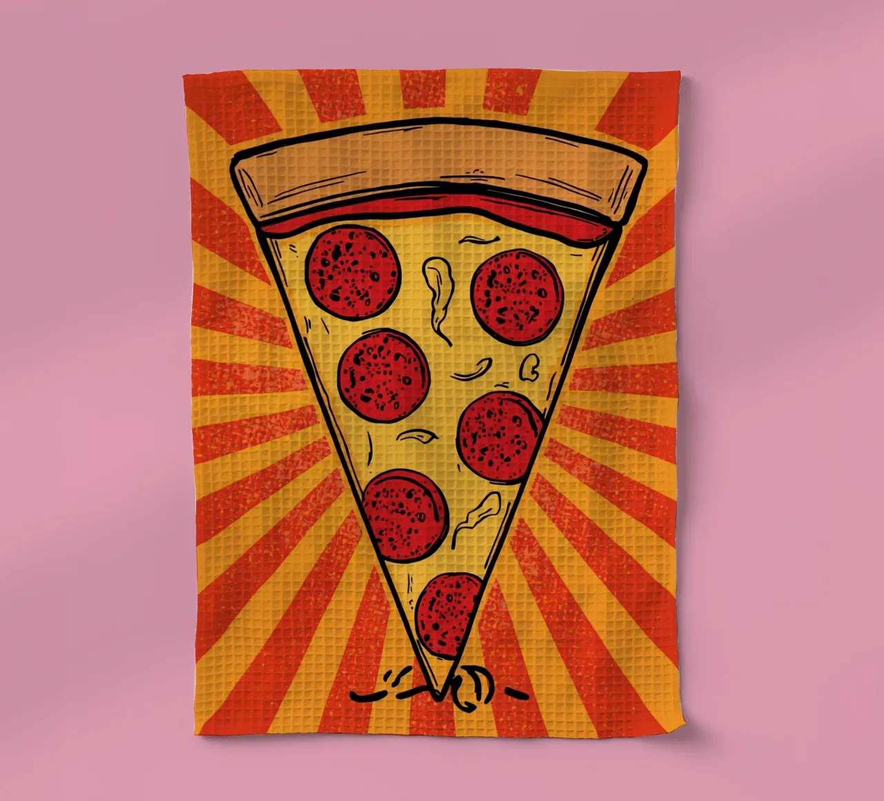 Fetta di pizza al salame con sfondo a raggi di sole canovaccio da cucina da DesignDoodle