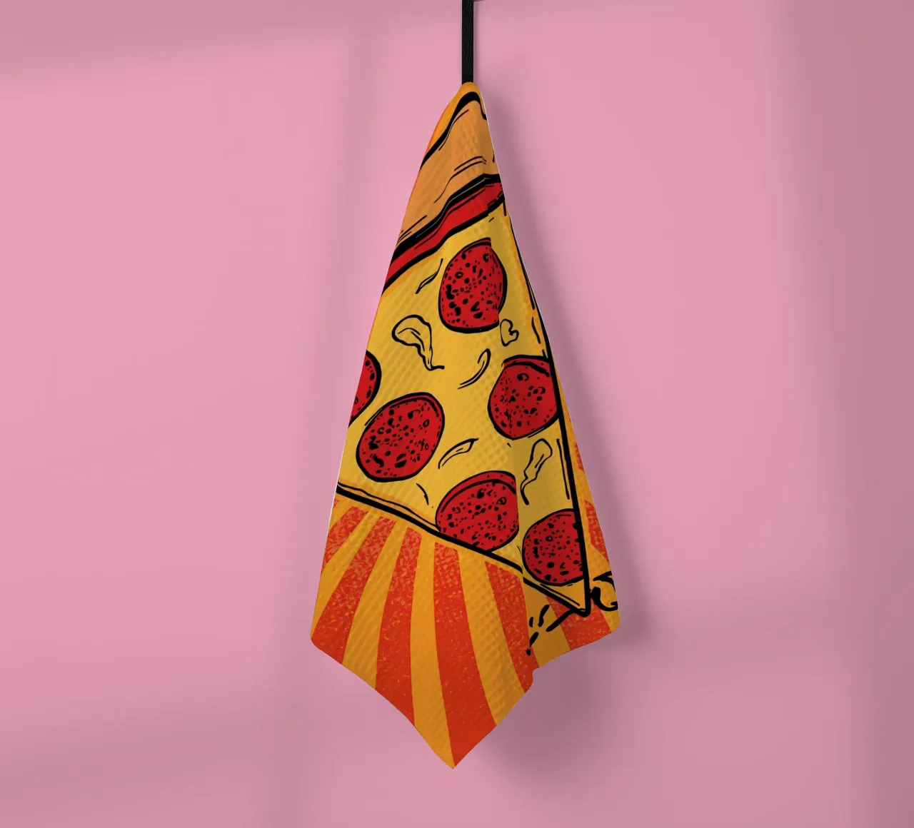Fetta di pizza al salame con sfondo a raggi di sole canovaccio da cucina da DesignDoodle