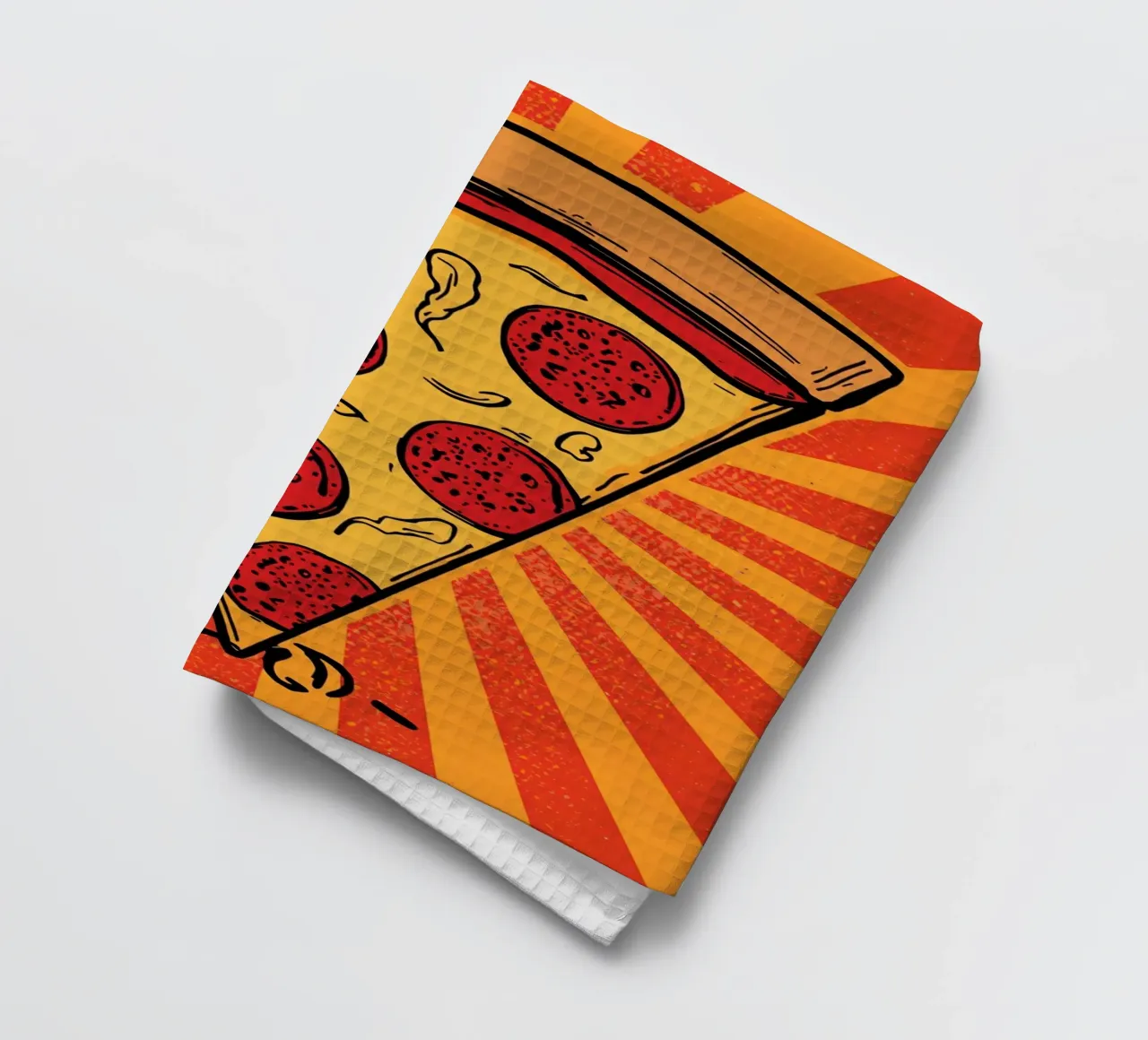 Fetta di pizza al salame con sfondo a raggi di sole canovaccio da cucina da DesignDoodle