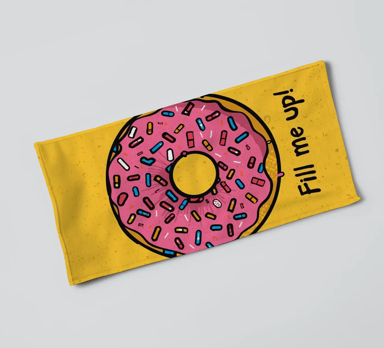 Pink Frosted Donut with Sprinkles "Fill Me Up !" towel by DesignDoodle