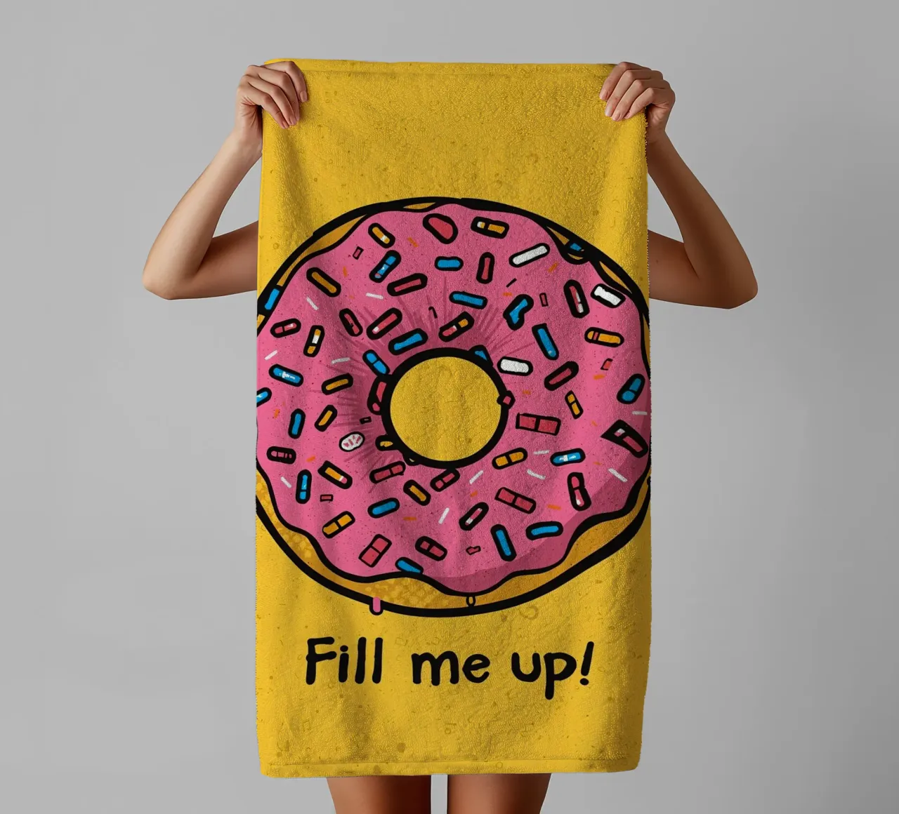 Pink Frosted Donut with Sprinkles "Fill Me Up !" towel by DesignDoodle