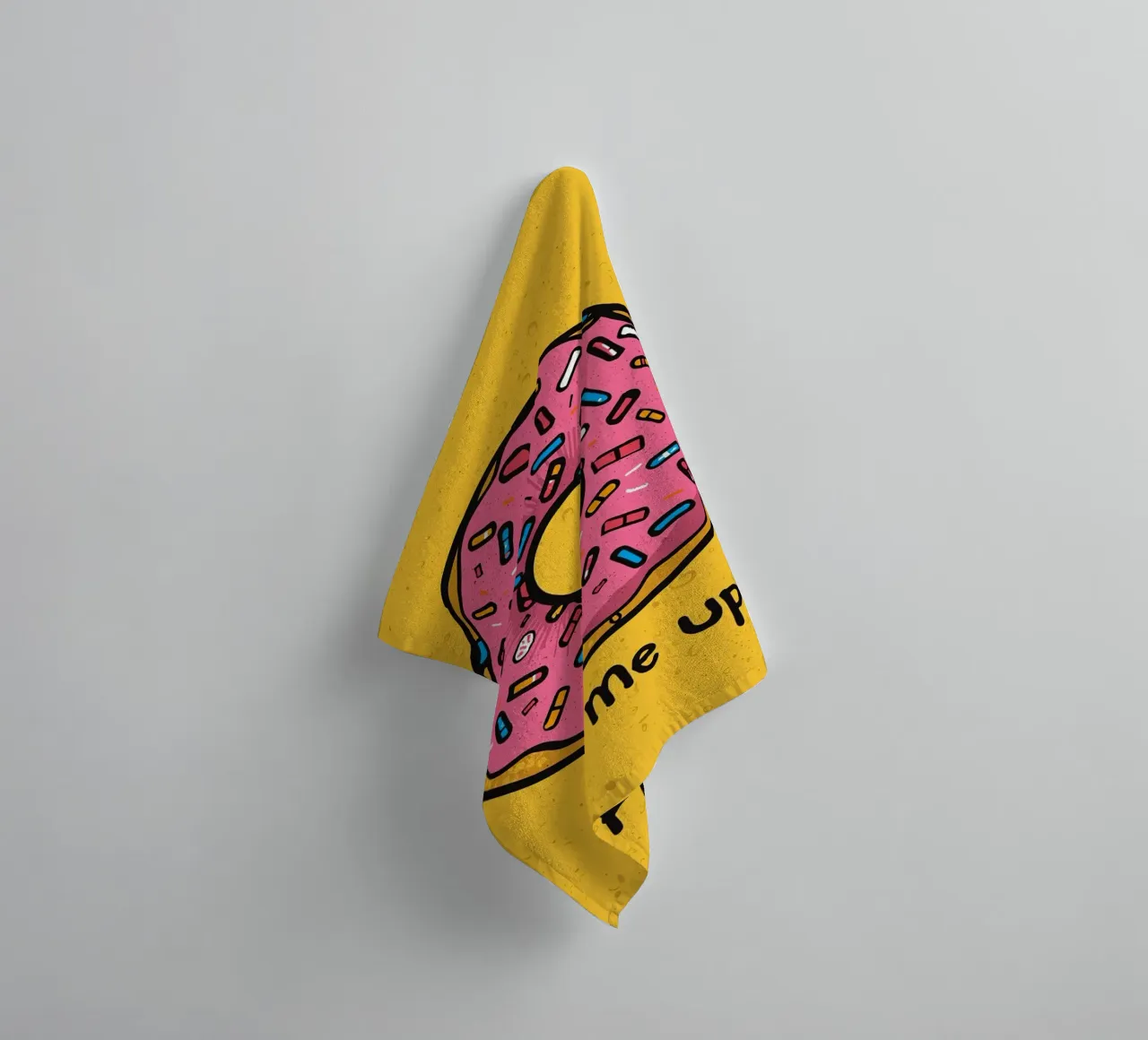 Pink Frosted Donut with Sprinkles "Fill Me Up !" towel by DesignDoodle