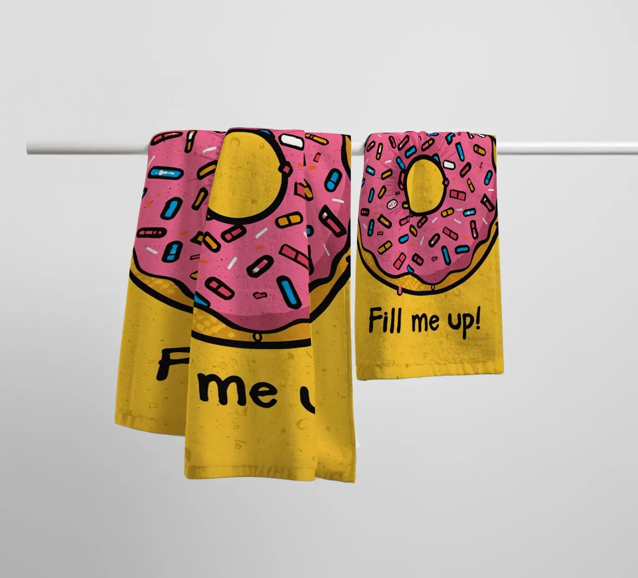 Pink Frosted Donut with Sprinkles "Fill Me Up !" towel by DesignDoodle