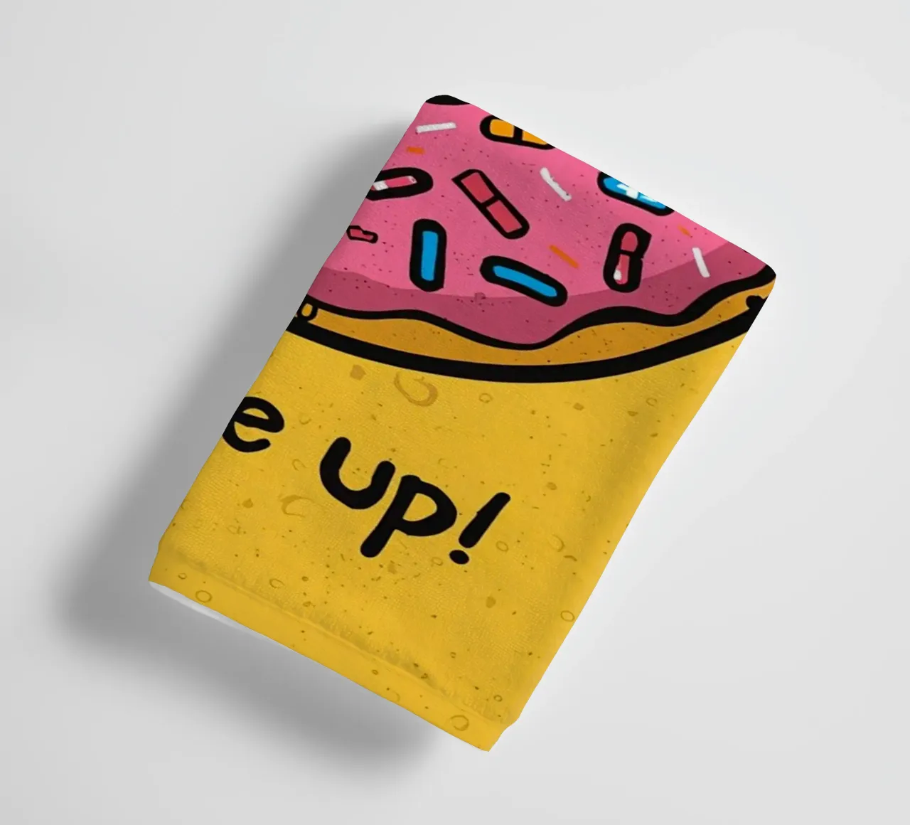 Pink Frosted Donut with Sprinkles "Fill Me Up !" towel by DesignDoodle
