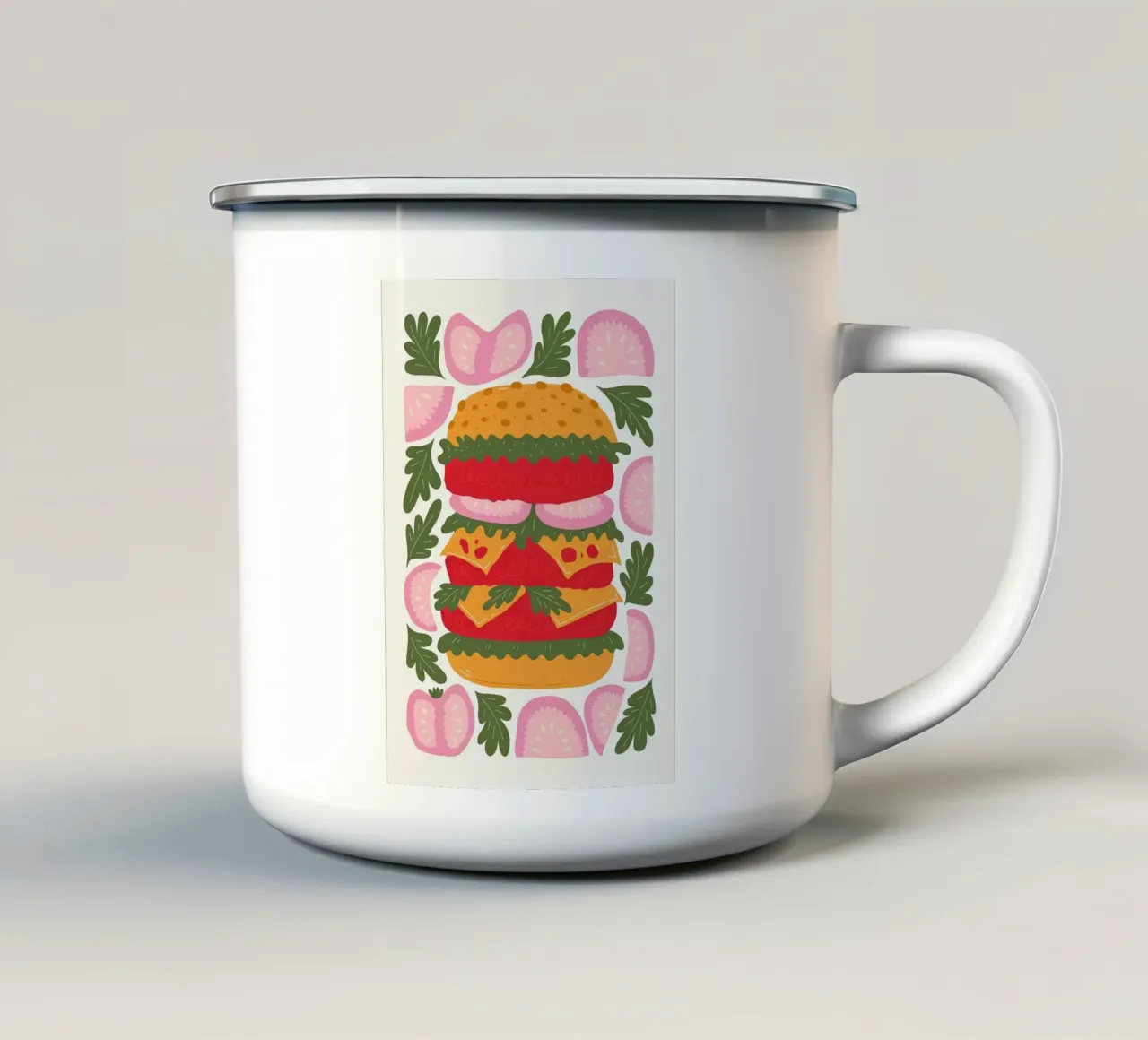 Hamburger illustrato con guarnizioni tazza in smalto da bazi