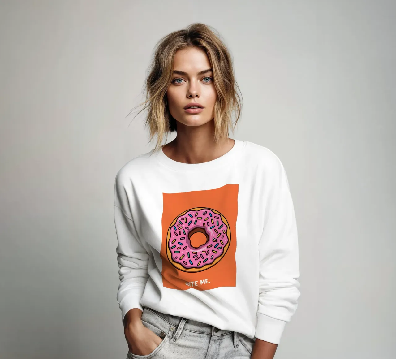 Rosa Frosted Donut "Bite Me" auf orangem Hintergrund Sweatshirt von DesignDoodle