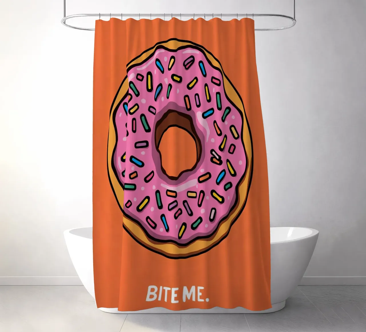 Rosa Frosted Donut "Bite Me" auf orangem Hintergrund Duschvorhang von DesignDoodle